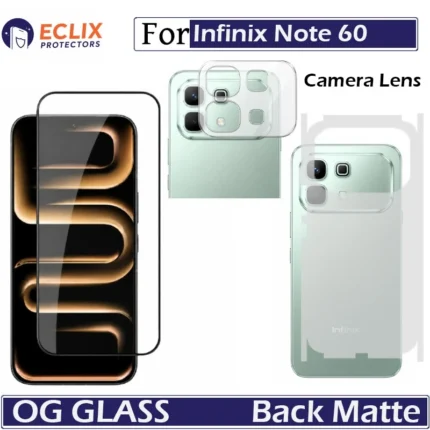 Infinix Note 60 OG Tempered Glass + Back Matte 360 Film + Camera Lens Protector Full Body Protection Kit