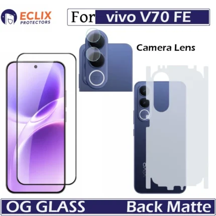 Vivo V70 FE OG Tempered Glass + Back Matte 360 Film + Camera Lens Protector Full Body Protection Kit